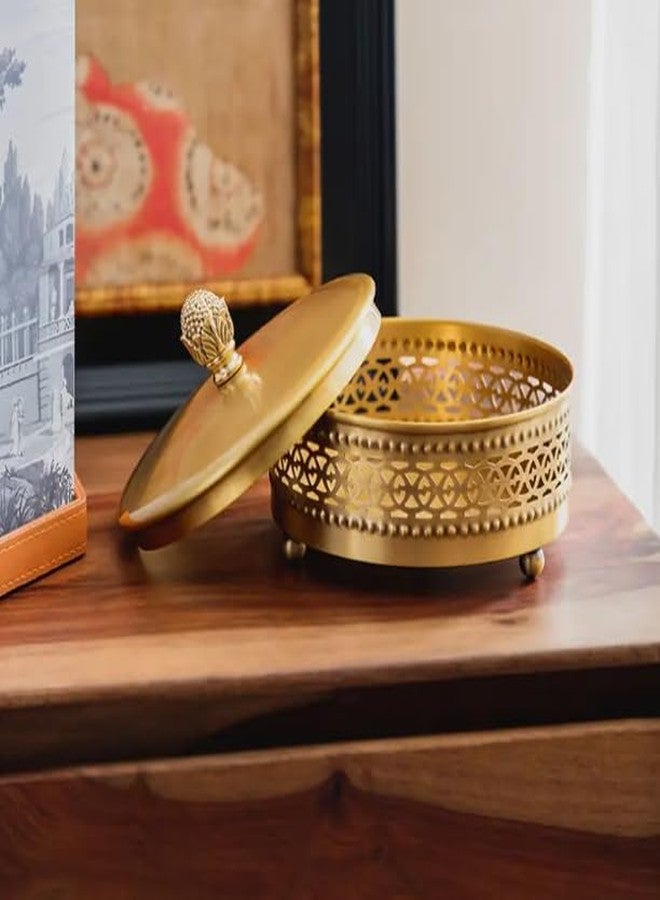 YACSNBF Gold Brass Decorative Boxes With Strawberry shape Handles, Jewelry Boxes Modern Storage Boxes，Round Hammered Metal Container, Brass Finish - Image 2